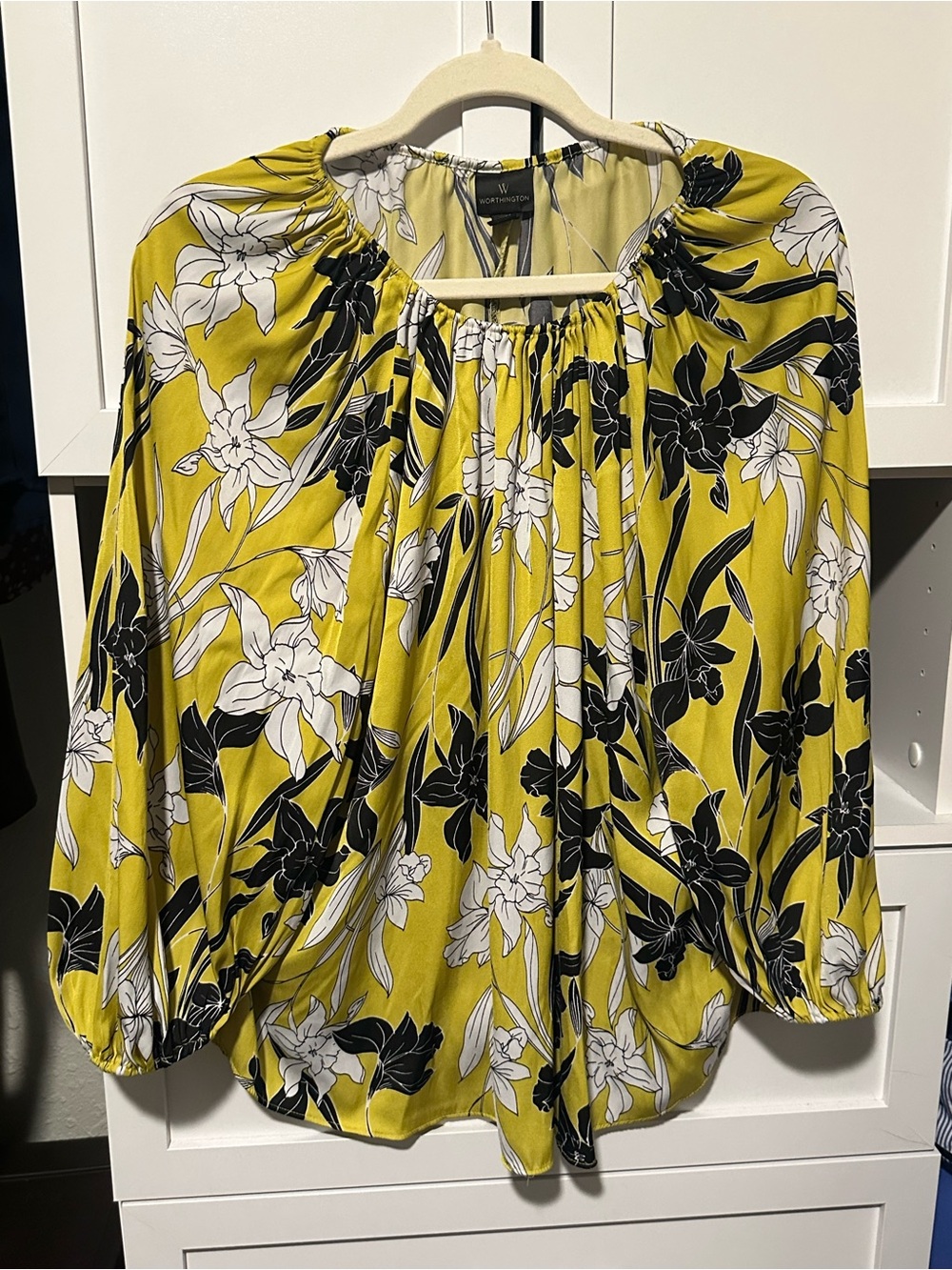 Worthington Yellow Floral Balloon Sleeve Blouse Size M